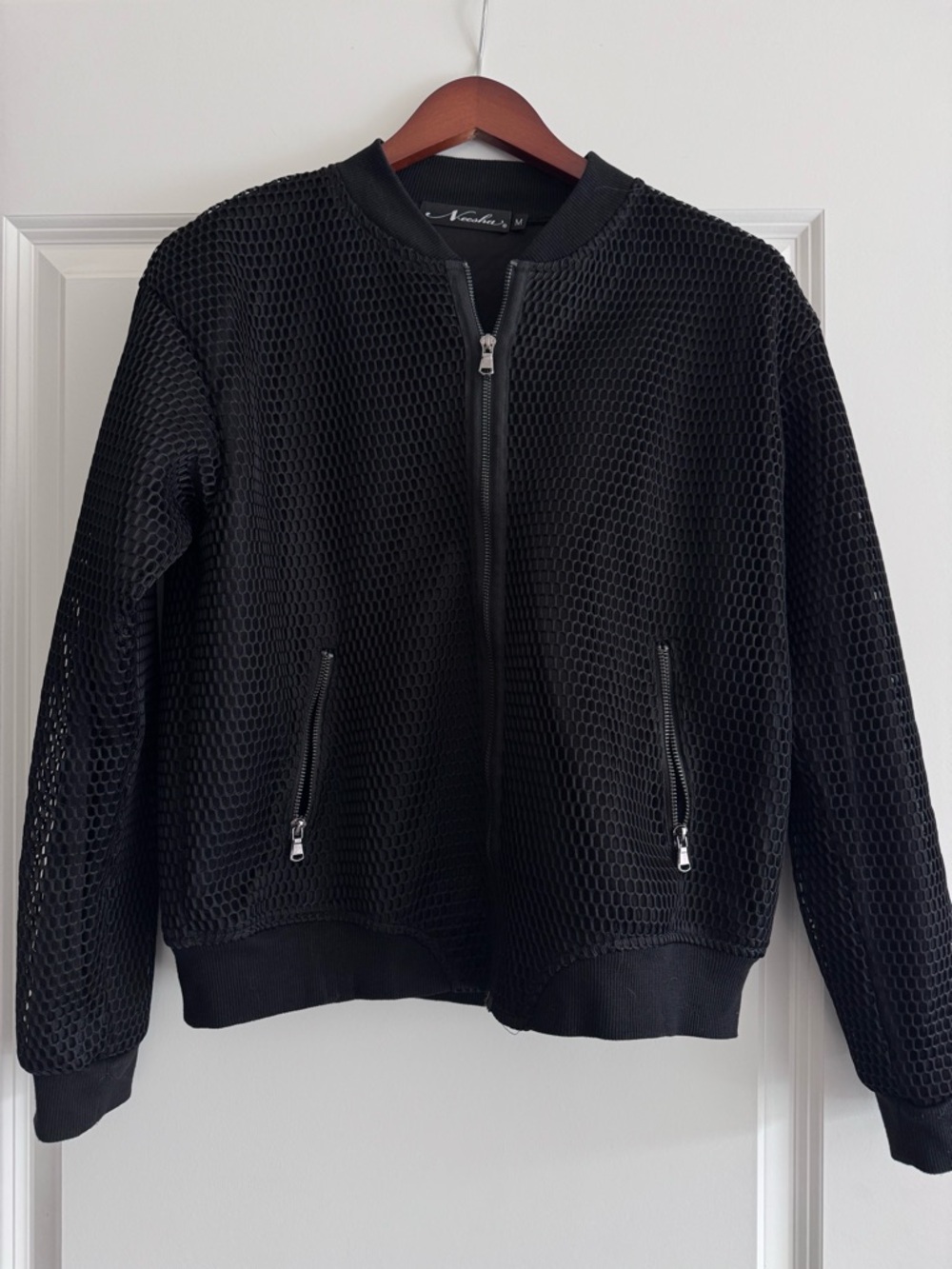 Black Mesh Bomber Jacket with Zip Pockets